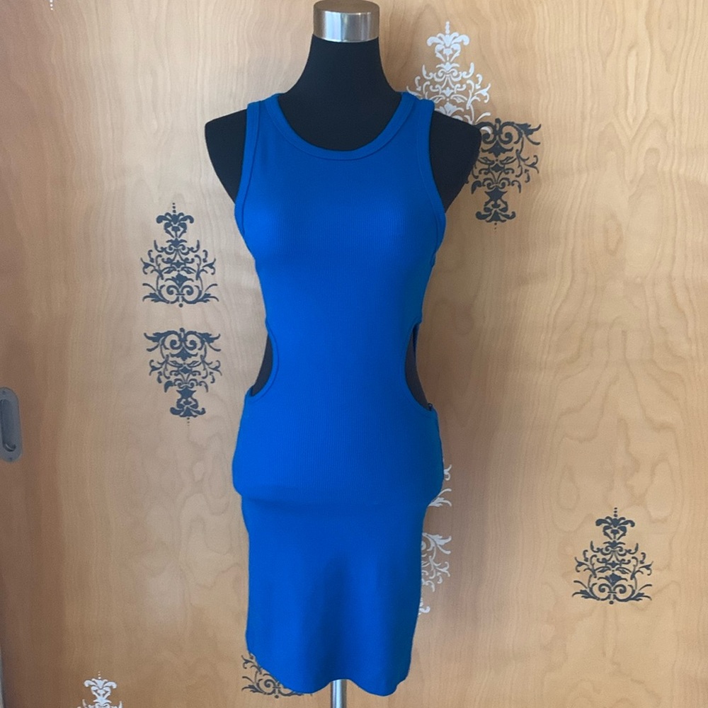 NWT Zara Sleeveless Bodycon Cotton Cut-Out Ribbed Dress in Blue Medium
